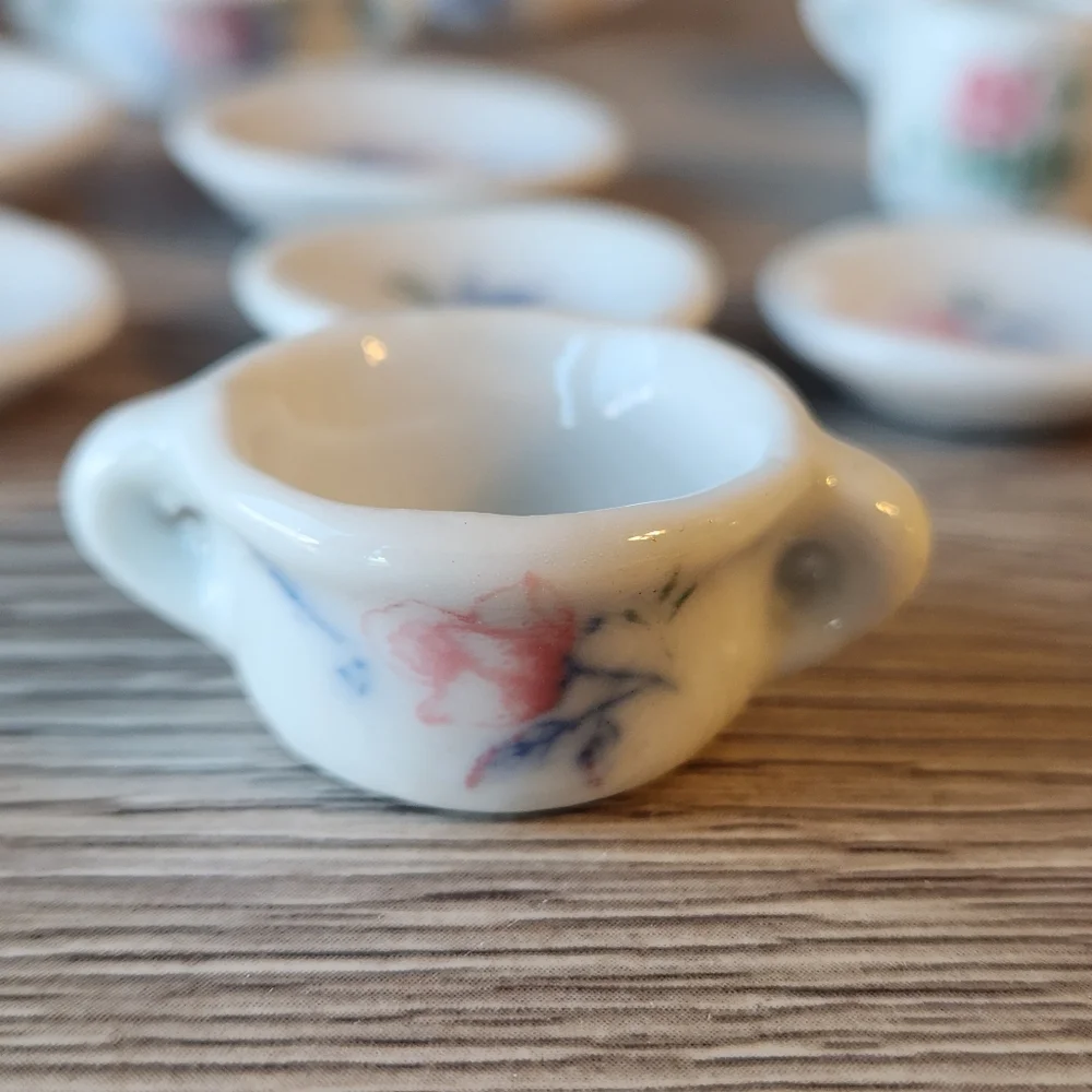 Vintage Porcelain Tea Set 17 Pieces And 1 Bonus Piece Blue Pink Miniatures